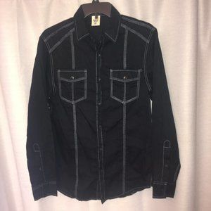 Rustic Blue Black Button Down Shirt Grey Stitches